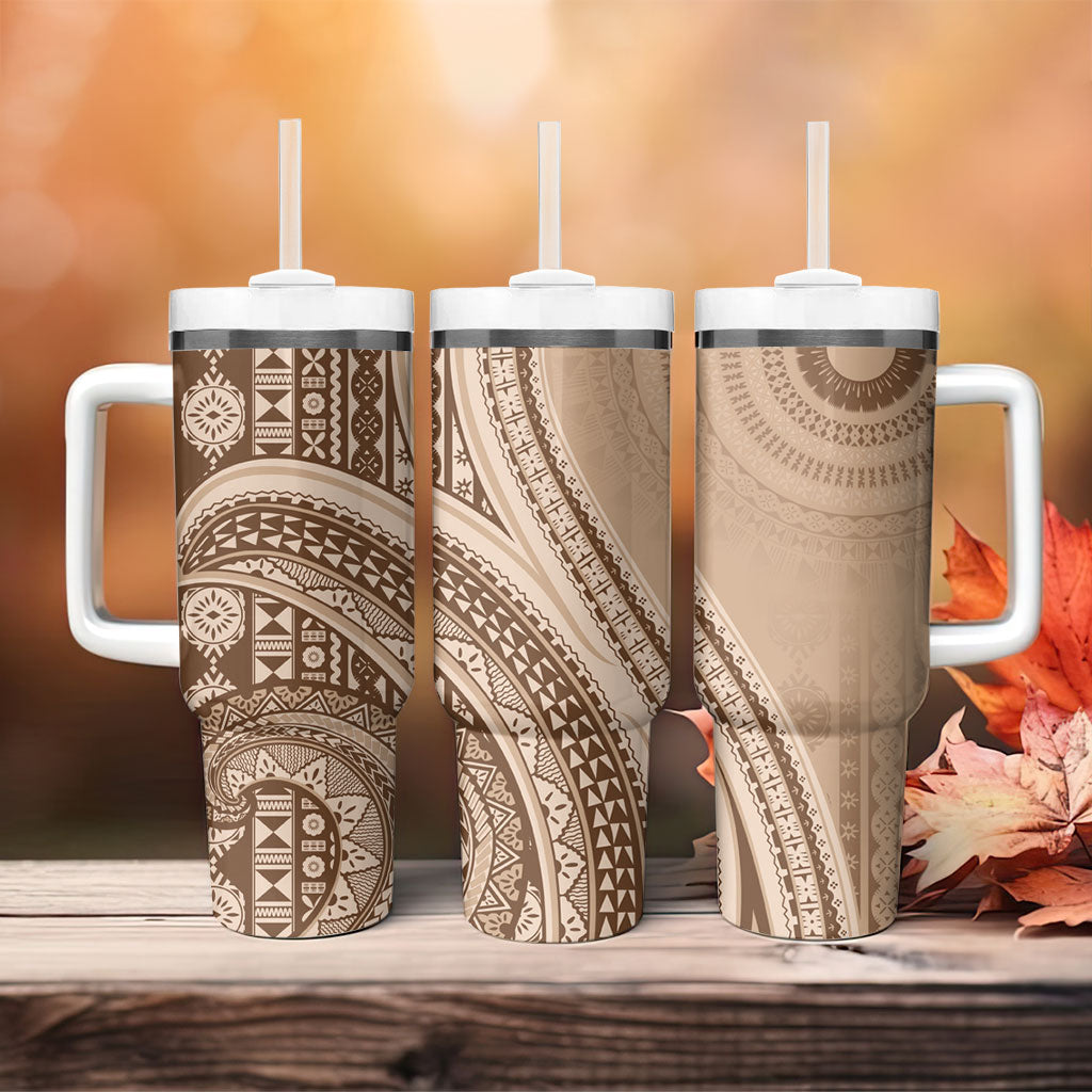 Bula Fiji Vintage Tapa Tumbler With Handle Kaivity Masi Wave Motifs - Mocha LT7 - Polynesian Pride