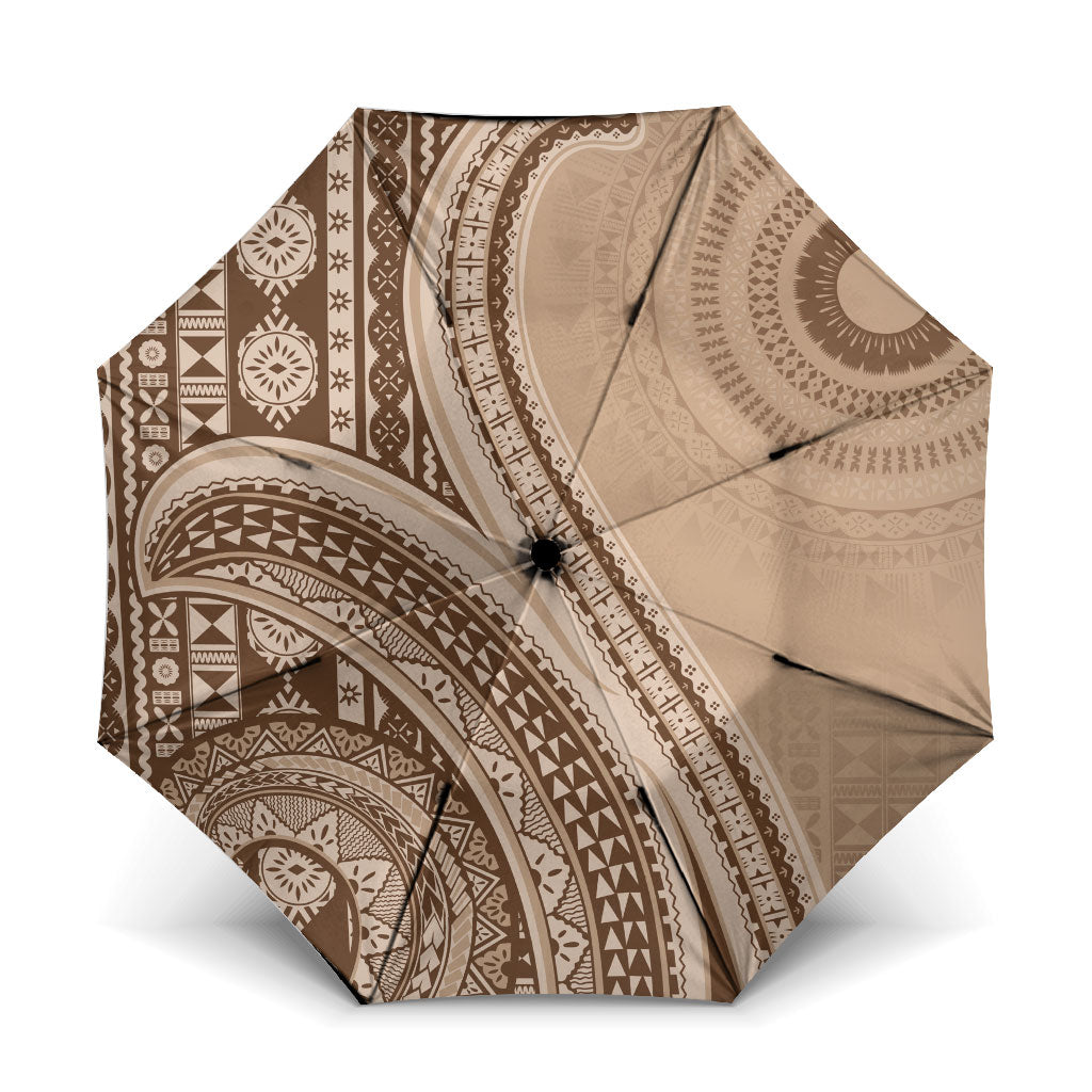 Bula Fiji Vintage Tapa Umbrella Kaivity Masi Wave Motifs - Mocha LT7 One Size Folded 11.42 inch Opened Diameter 37.4 inch Beige - Polynesian Pride