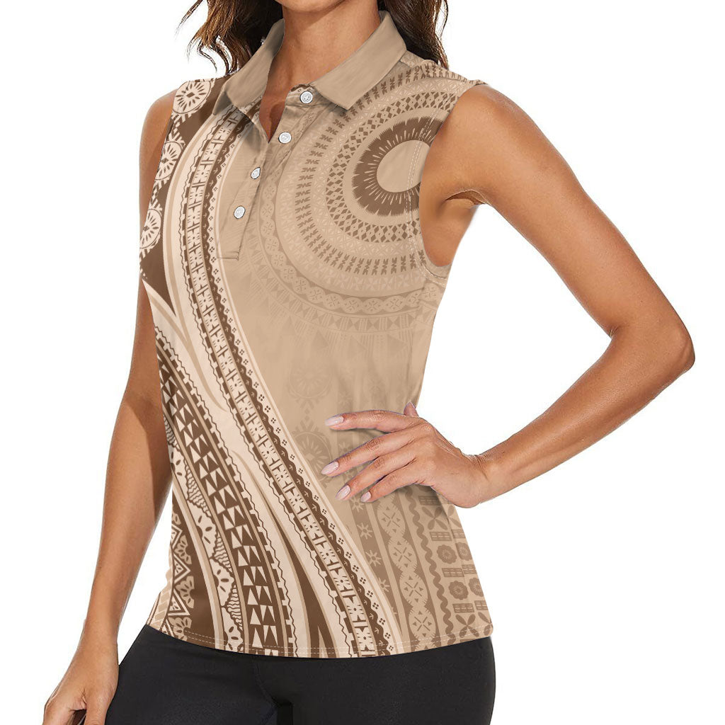 Bula Fiji Vintage Tapa Women Sleeveless Polo Shirt Kaivity Masi Wave Motifs - Mocha