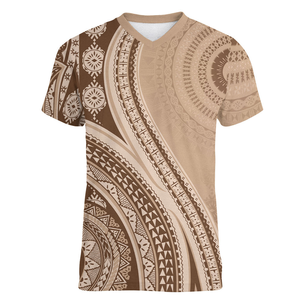 Bula Fiji Vintage Tapa Women V-Neck T-Shirt Kaivity Masi Wave Motifs - Mocha