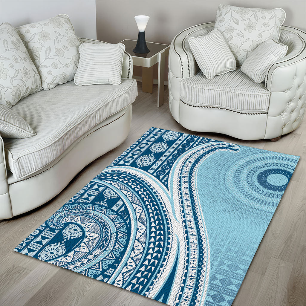 Bula Fiji Vintage Tapa Area Rug Kaivity Masi Wave Motifs - Turquoise LT7 - Polynesian Pride