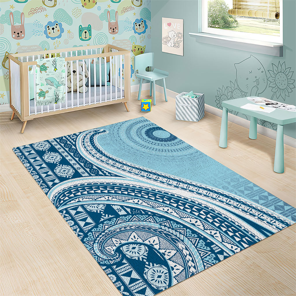 Bula Fiji Vintage Tapa Area Rug Kaivity Masi Wave Motifs - Turquoise LT7 - Polynesian Pride