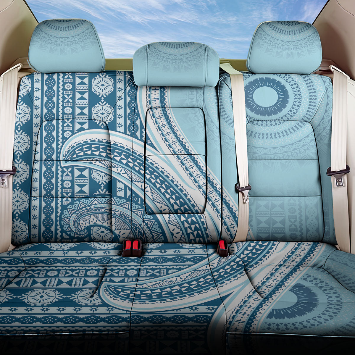 Bula Fiji Vintage Tapa Back Car Seat Cover Kaivity Masi Wave Motifs - Turquoise