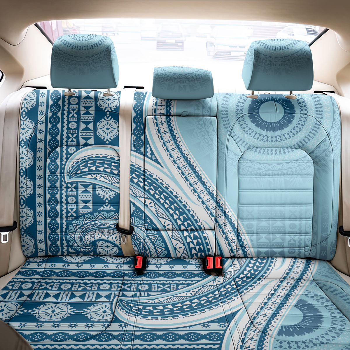 Bula Fiji Vintage Tapa Back Car Seat Cover Kaivity Masi Wave Motifs - Turquoise LT7 - Polynesian Pride