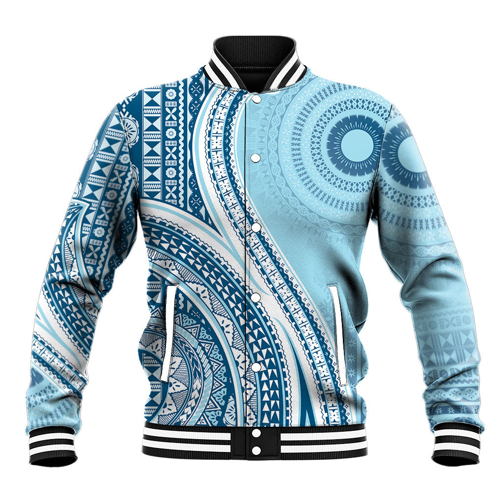 Bula Fiji Vintage Tapa Baseball Jacket Kaivity Masi Wave Motifs - Turquoise