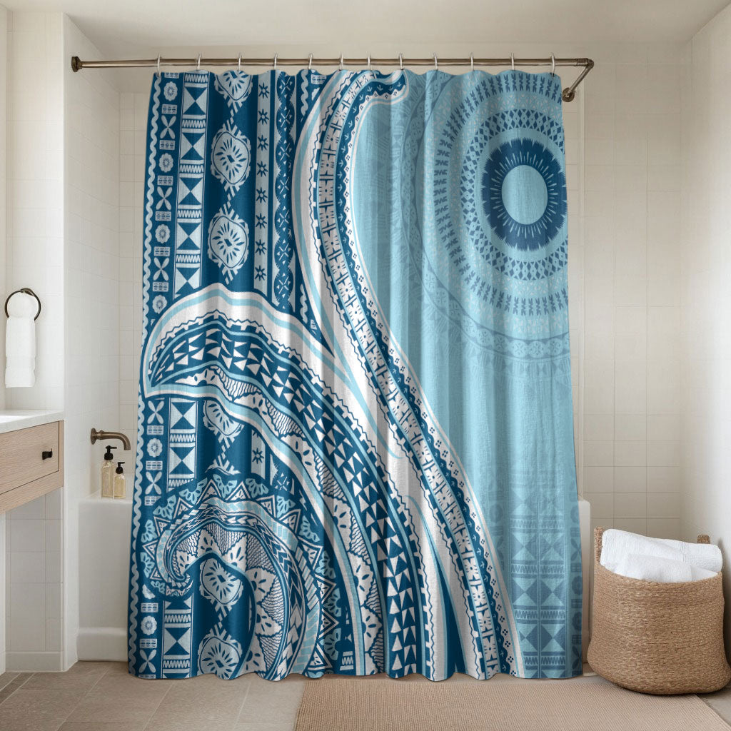Bula Fiji Vintage Tapa Bathroom Set Kaivity Masi Wave Motifs - Turquoise LT7 Shower Curtain Only Turquoise - Polynesian Pride