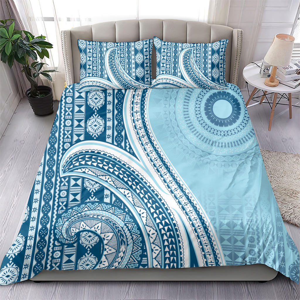Bula Fiji Vintage Tapa Bedding Set Kaivity Masi Wave Motifs - Turquoise LT7 - Polynesian Pride