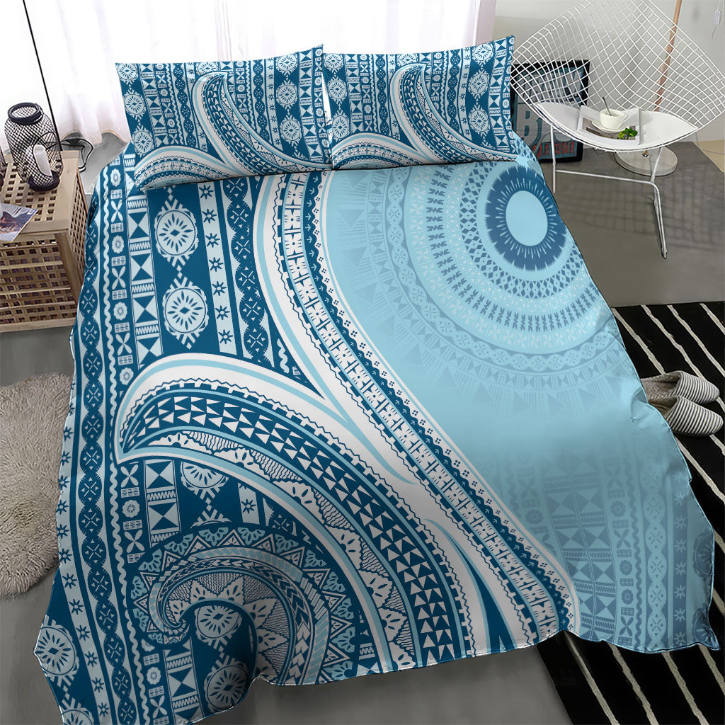 Bula Fiji Vintage Tapa Bedding Set Kaivity Masi Wave Motifs - Turquoise LT7 - Polynesian Pride