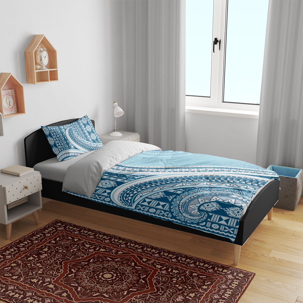 Bula Fiji Vintage Tapa Bedding Set Kaivity Masi Wave Motifs - Turquoise LT7 - Polynesian Pride