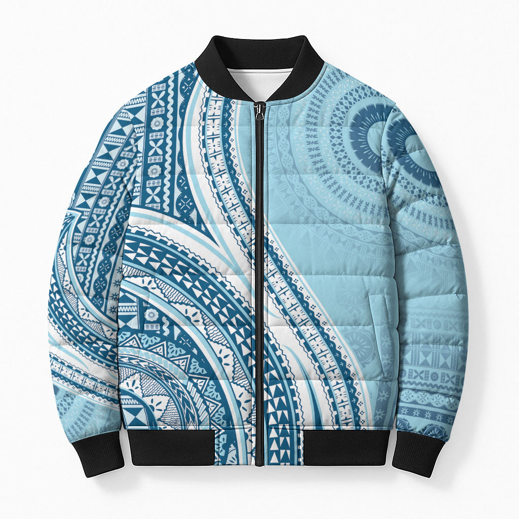 Bula Fiji Vintage Tapa Bomber Puffer Jacket Kaivity Masi Wave Motifs - Turquoise