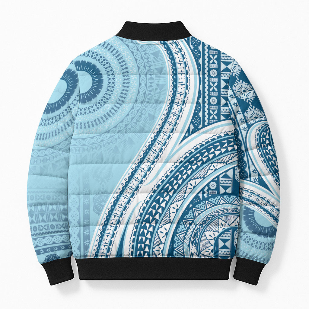 Bula Fiji Vintage Tapa Bomber Puffer Jacket Kaivity Masi Wave Motifs - Turquoise