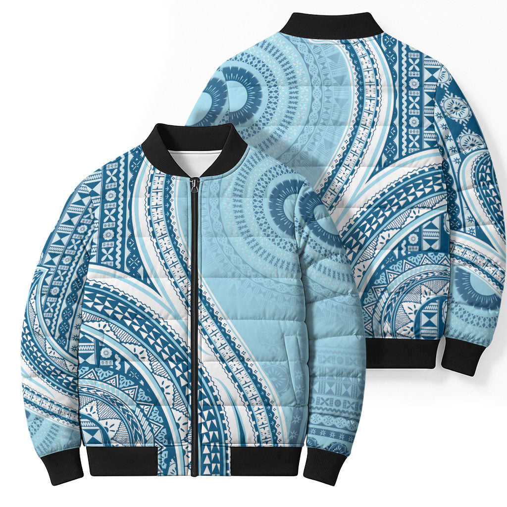 Bula Fiji Vintage Tapa Bomber Puffer Jacket Kaivity Masi Wave Motifs - Turquoise