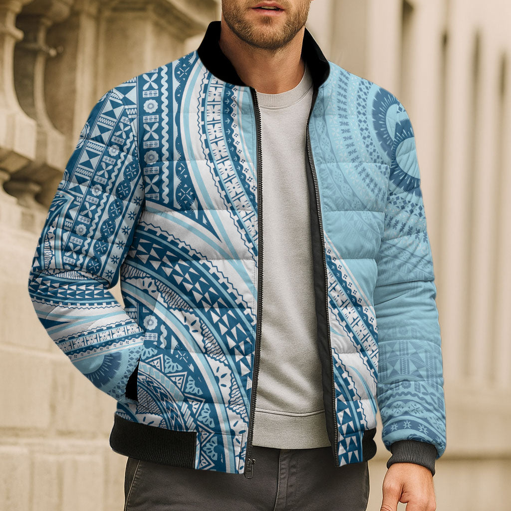 Bula Fiji Vintage Tapa Bomber Puffer Jacket Kaivity Masi Wave Motifs - Turquoise