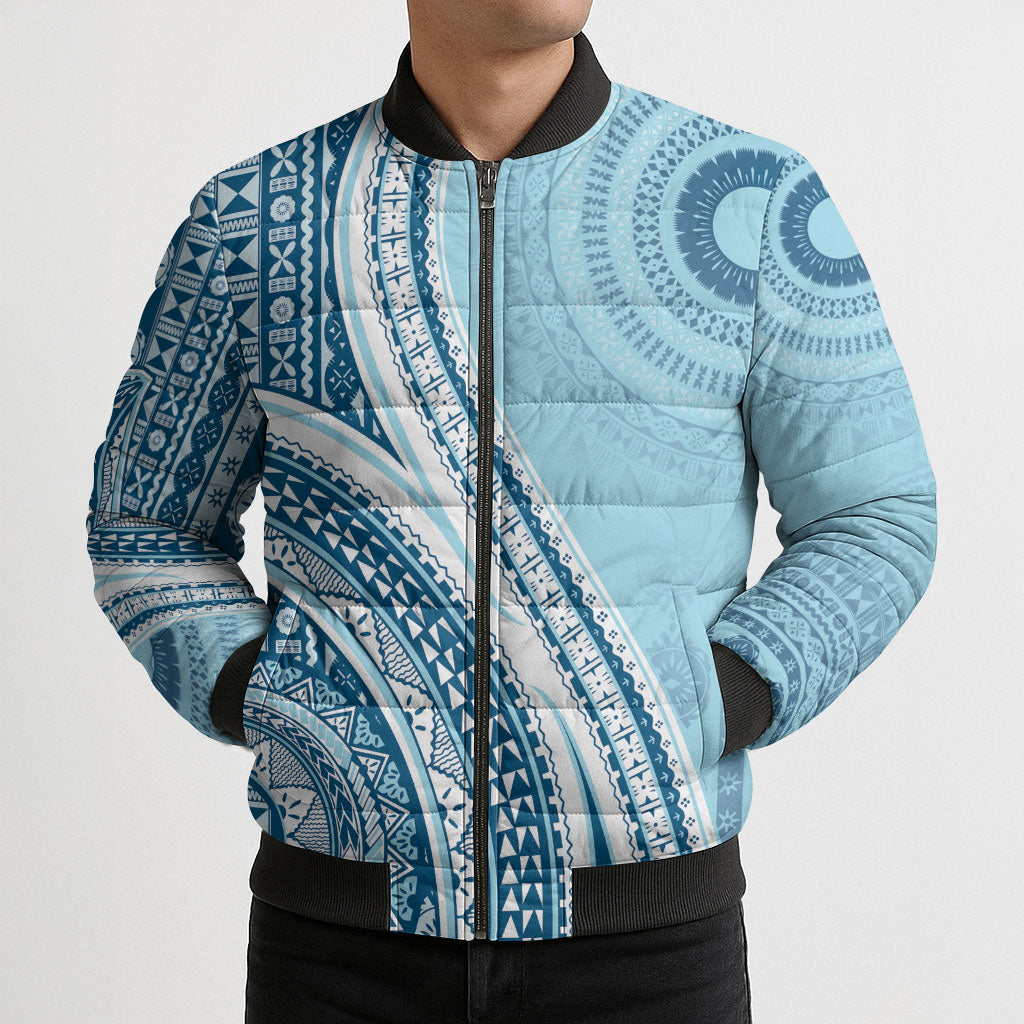 Bula Fiji Vintage Tapa Bomber Puffer Jacket Kaivity Masi Wave Motifs - Turquoise