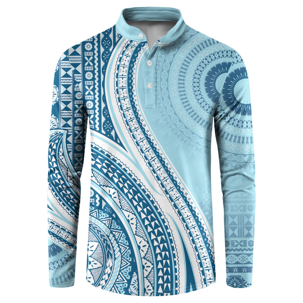 Bula Fiji Vintage Tapa Button Sweatshirt Kaivity Masi Wave Motifs - Turquoise LT7 Turquoise - Polynesian Pride