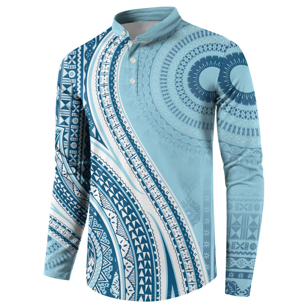 Bula Fiji Vintage Tapa Button Sweatshirt Kaivity Masi Wave Motifs - Turquoise LT7 - Polynesian Pride