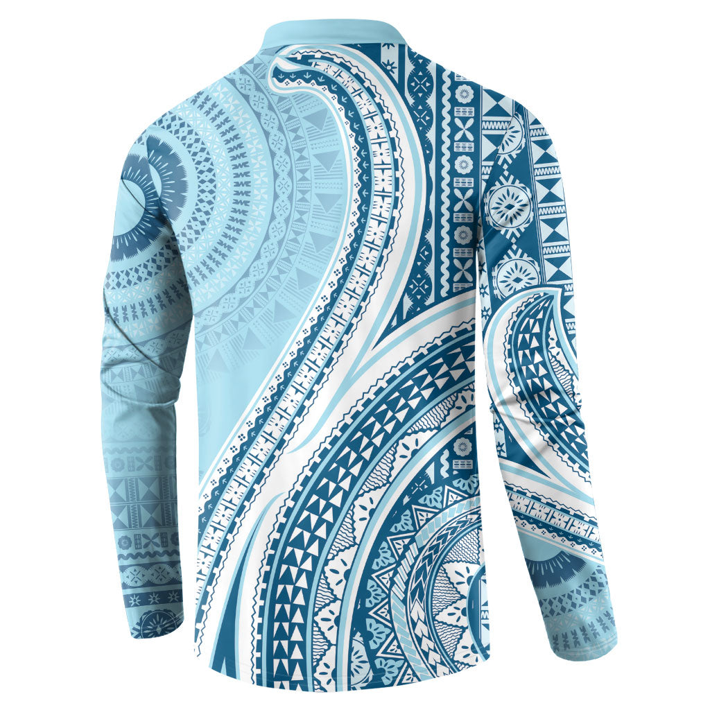 Bula Fiji Vintage Tapa Button Sweatshirt Kaivity Masi Wave Motifs - Turquoise LT7 - Polynesian Pride