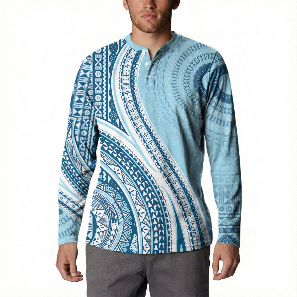 Bula Fiji Vintage Tapa Button Sweatshirt Kaivity Masi Wave Motifs - Turquoise LT7 - Polynesian Pride