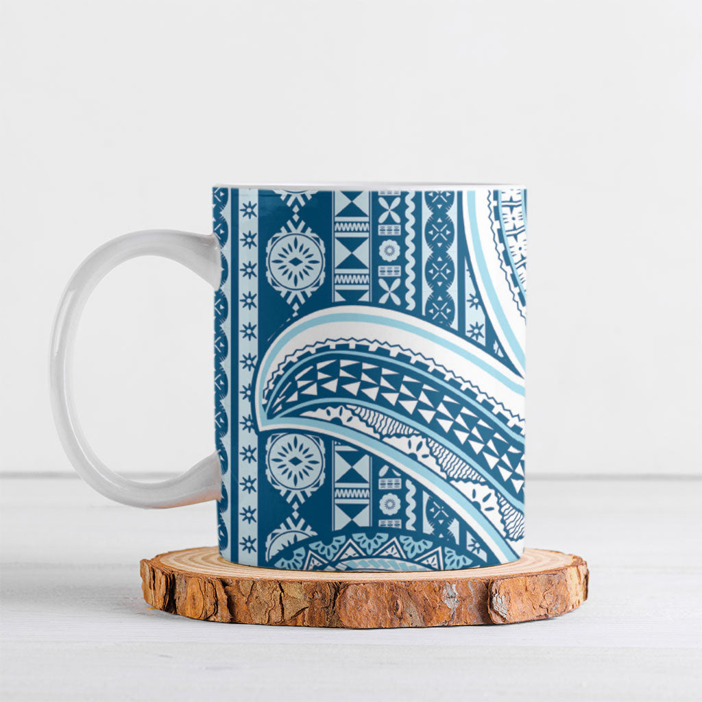 Bula Fiji Vintage Tapa Ceramic Mug Kaivity Masi Wave Motifs - Turquoise LT7 Turquoise - Polynesian Pride