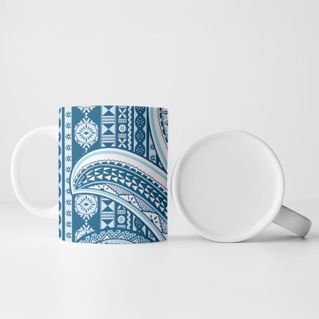Bula Fiji Vintage Tapa Ceramic Mug Kaivity Masi Wave Motifs - Turquoise LT7 - Polynesian Pride