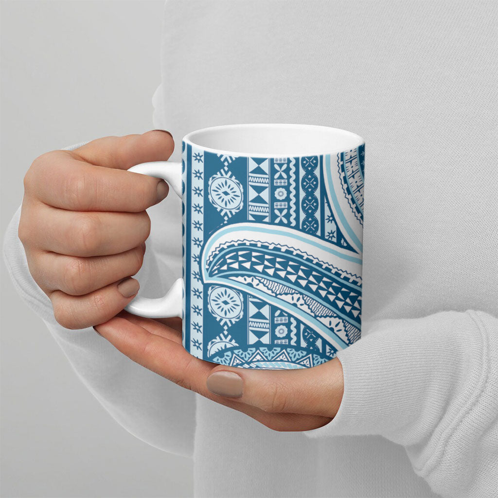 Bula Fiji Vintage Tapa Ceramic Mug Kaivity Masi Wave Motifs - Turquoise LT7 - Polynesian Pride