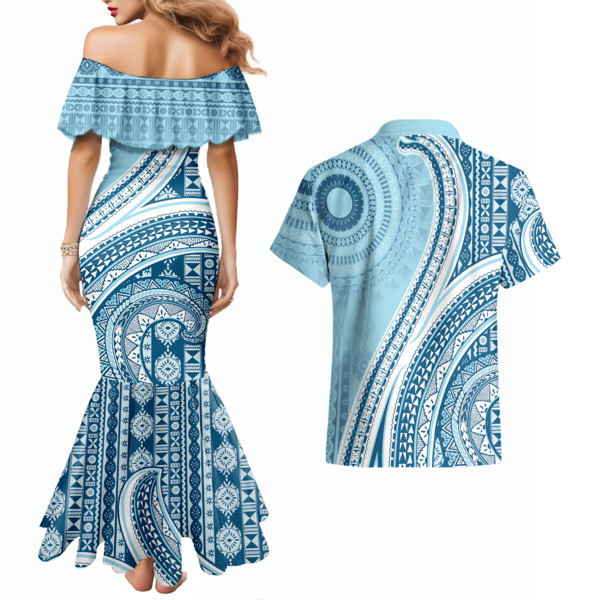 Bula Fiji Vintage Tapa Couples Matching Mermaid Dress and Hawaiian Shirt Kaivity Masi Wave Motifs - Turquoise