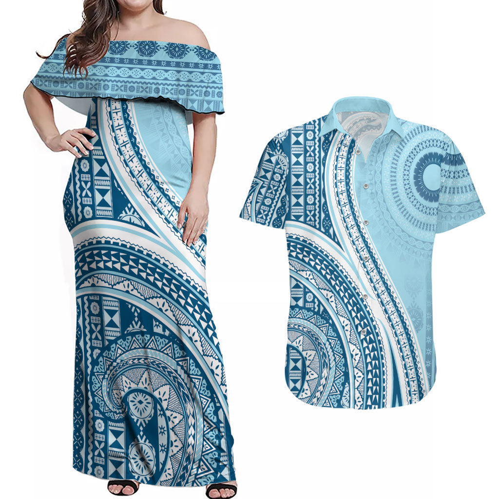 Bula Fiji Vintage Tapa Couples Matching Off Shoulder Maxi Dress and Hawaiian Shirt Kaivity Masi Wave Motifs - Turquoise
