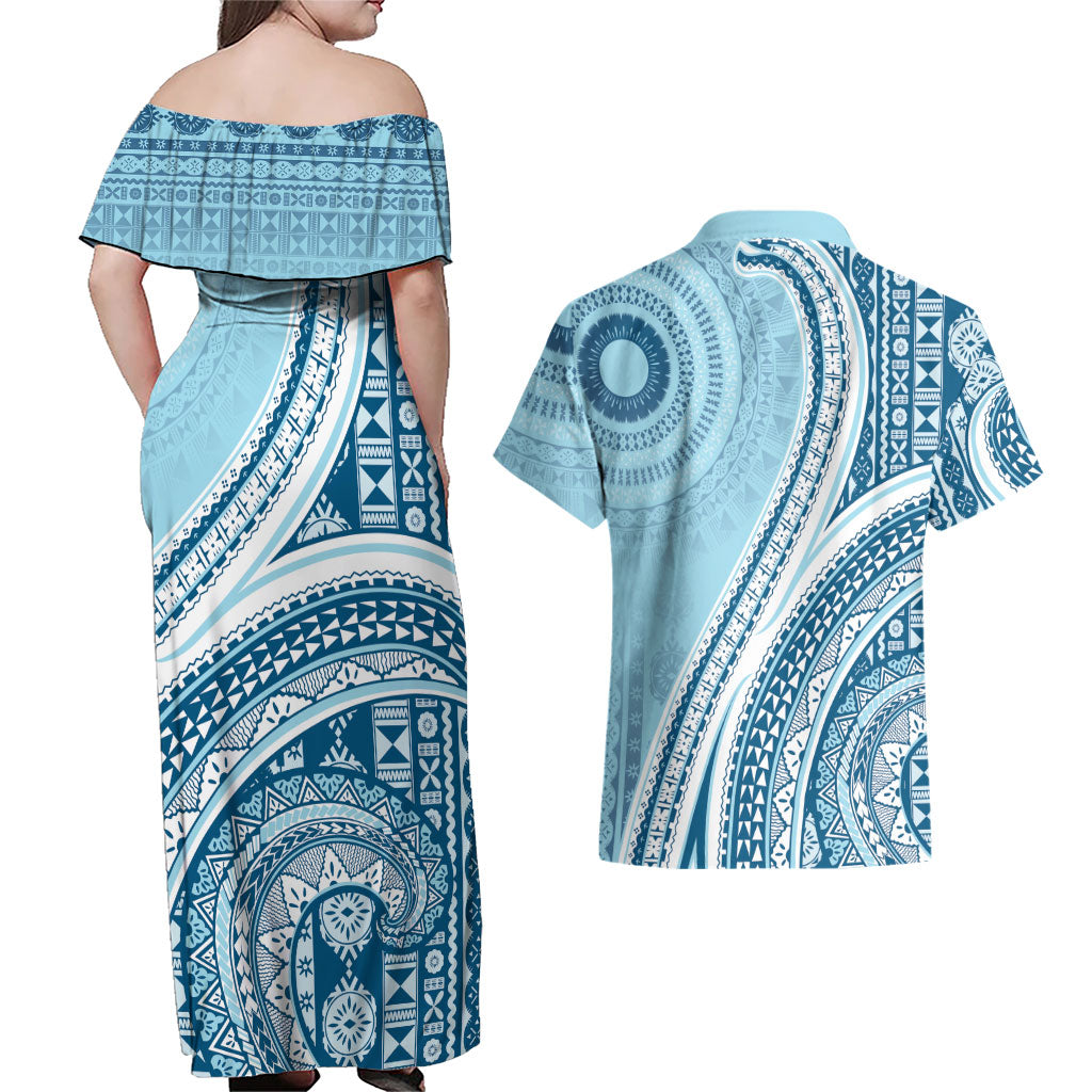 Bula Fiji Vintage Tapa Couples Matching Off Shoulder Maxi Dress and Hawaiian Shirt Kaivity Masi Wave Motifs - Turquoise