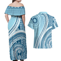Bula Fiji Vintage Tapa Couples Matching Off Shoulder Maxi Dress and Hawaiian Shirt Kaivity Masi Wave Motifs - Turquoise