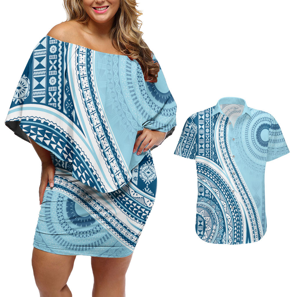 Bula Fiji Vintage Tapa Couples Matching Off Shoulder Short Dress and Hawaiian Shirt Kaivity Masi Wave Motifs - Turquoise