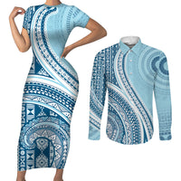 Bula Fiji Vintage Tapa Couples Matching Short Sleeve Bodycon Dress and Long Sleeve Button Shirt Kaivity Masi Wave Motifs - Turquoise
