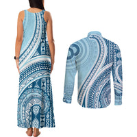Bula Fiji Vintage Tapa Couples Matching Tank Maxi Dress and Long Sleeve Button Shirt Kaivity Masi Wave Motifs - Turquoise