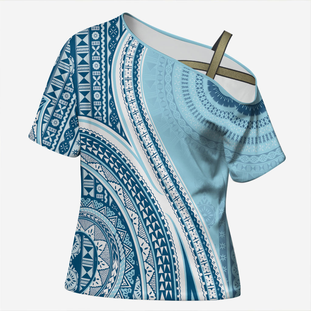 Bula Fiji Vintage Tapa Cross Shoulder Shirt Kaivity Masi Wave Motifs - Turquoise LT7 Female Turquoise - Polynesian Pride