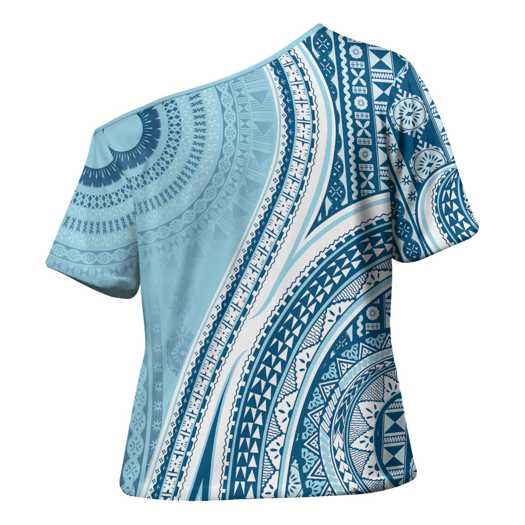 Bula Fiji Vintage Tapa Cross Shoulder Shirt Kaivity Masi Wave Motifs - Turquoise LT7 - Polynesian Pride