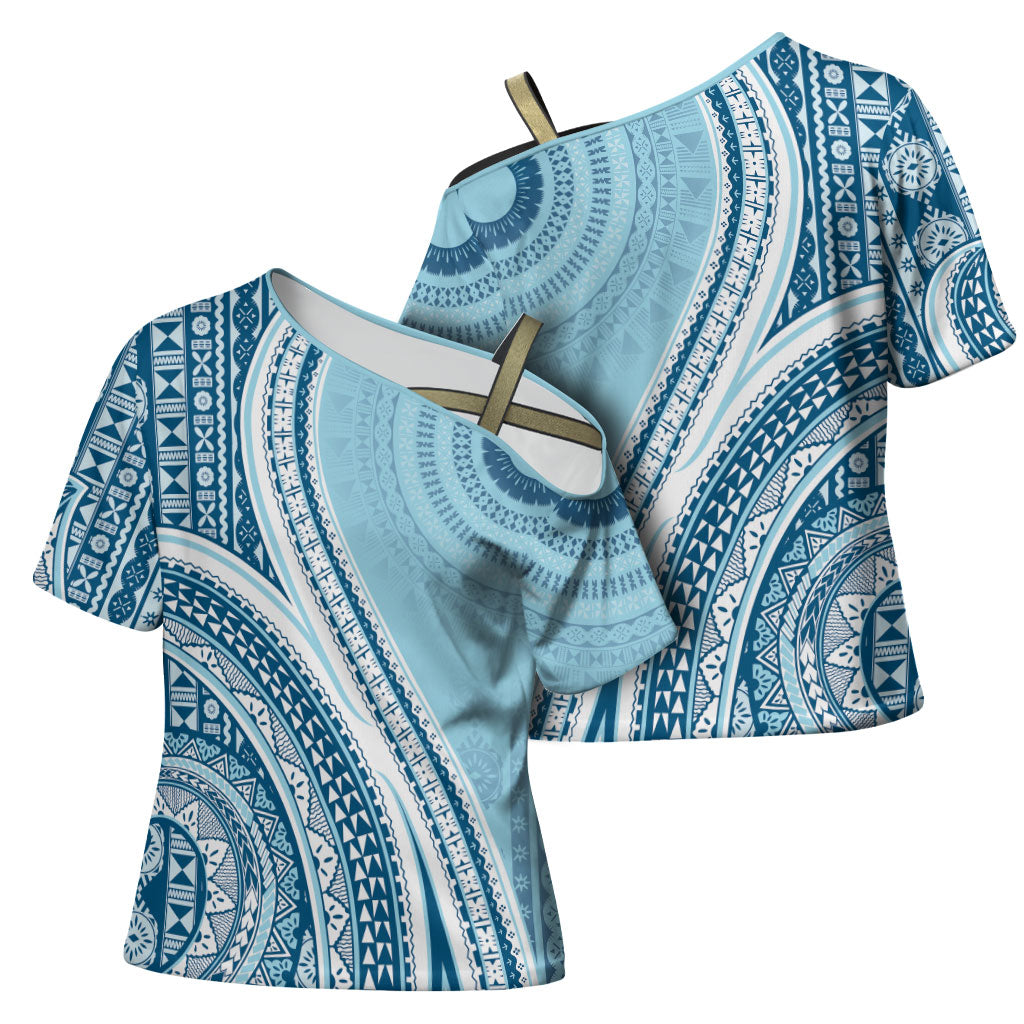 Bula Fiji Vintage Tapa Cross Shoulder Shirt Kaivity Masi Wave Motifs - Turquoise LT7 - Polynesian Pride