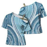 Bula Fiji Vintage Tapa Cross Shoulder Shirt Kaivity Masi Wave Motifs - Turquoise LT7 - Polynesian Pride