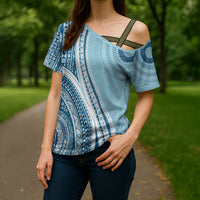 Bula Fiji Vintage Tapa Cross Shoulder Shirt Kaivity Masi Wave Motifs - Turquoise LT7 - Polynesian Pride