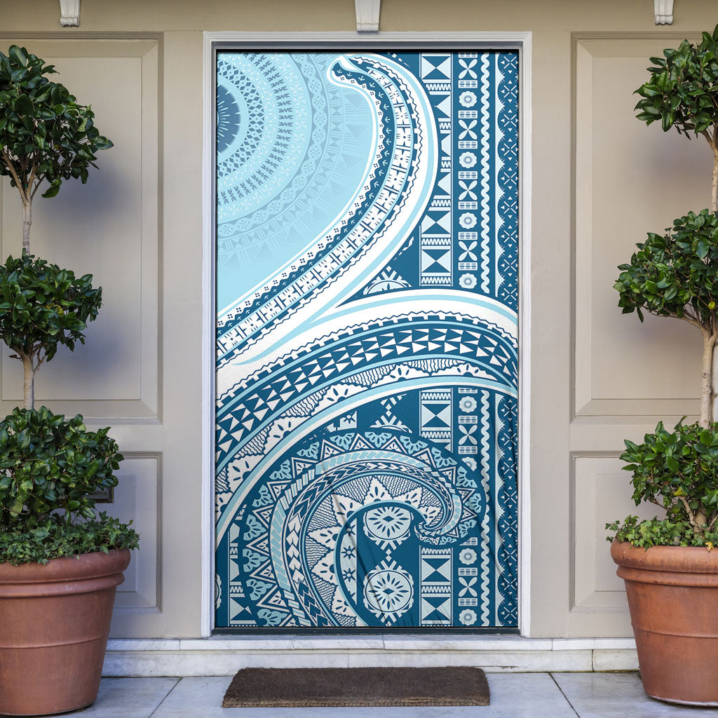 Bula Fiji Vintage Tapa Door Cover Kaivity Masi Wave Motifs - Turquoise LT7 Turquoise - Polynesian Pride
