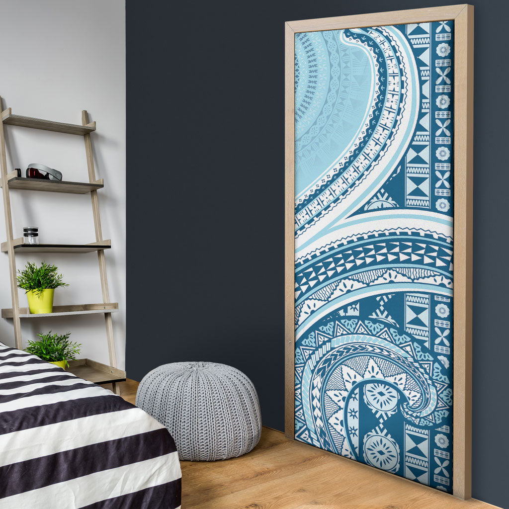 Bula Fiji Vintage Tapa Door Cover Kaivity Masi Wave Motifs - Turquoise LT7 - Polynesian Pride