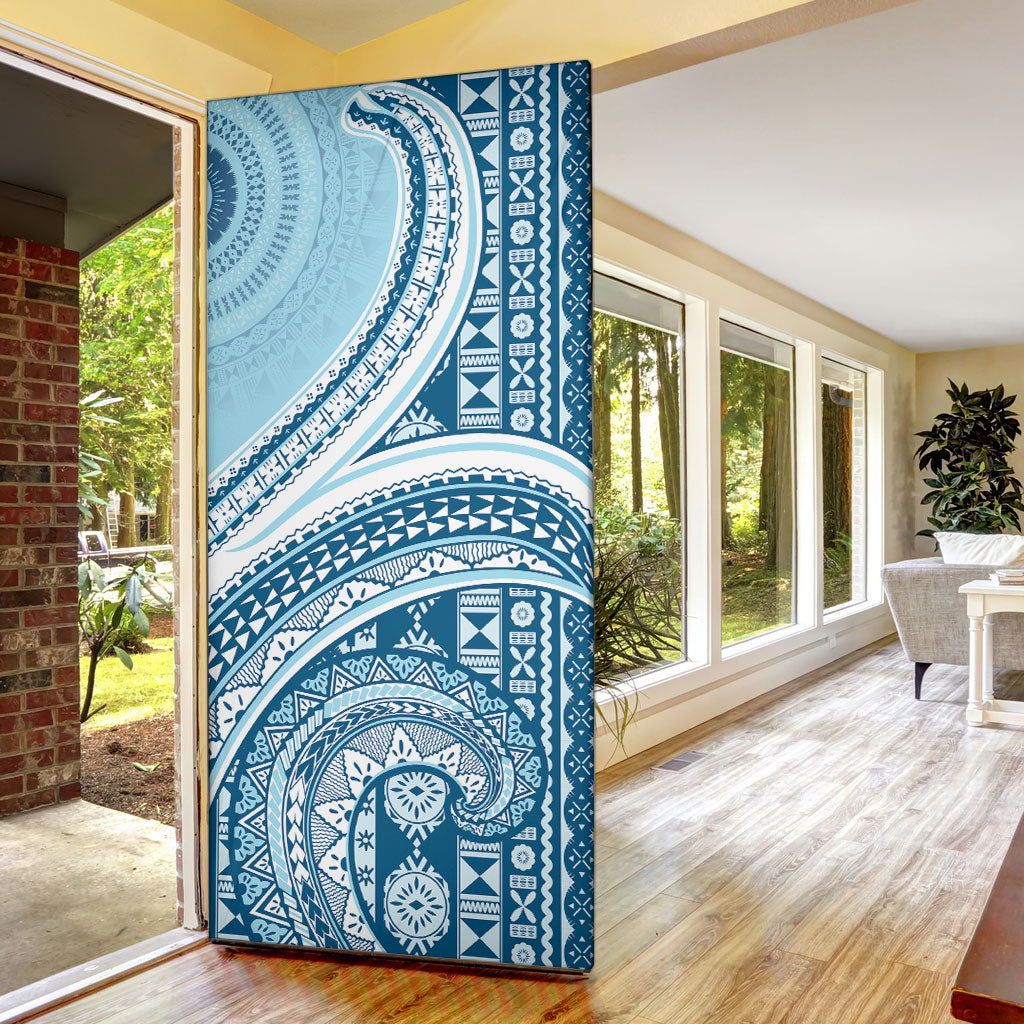 Bula Fiji Vintage Tapa Door Cover Kaivity Masi Wave Motifs - Turquoise LT7 - Polynesian Pride