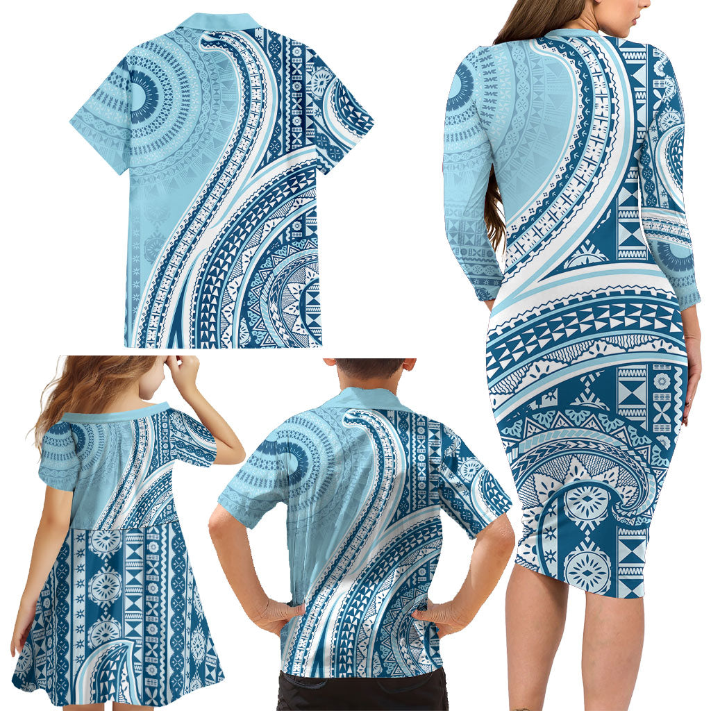 Bula Fiji Vintage Tapa Family Matching Long Sleeve Bodycon Dress and Hawaiian Shirt Kaivity Masi Wave Motifs - Turquoise