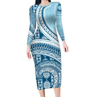 Bula Fiji Vintage Tapa Family Matching Long Sleeve Bodycon Dress and Hawaiian Shirt Kaivity Masi Wave Motifs - Turquoise