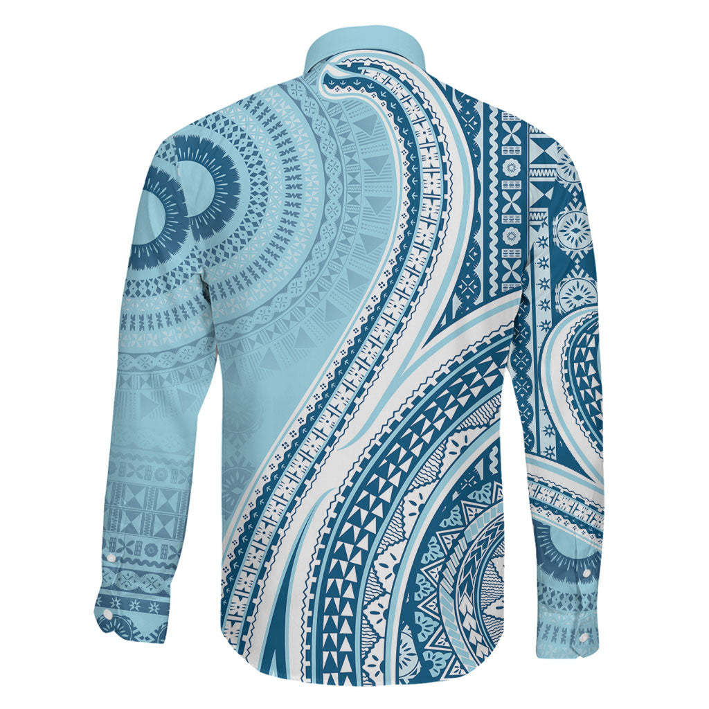 Bula Fiji Vintage Tapa Family Matching Mermaid Dress and Hawaiian Shirt Kaivity Masi Wave Motifs - Turquoise