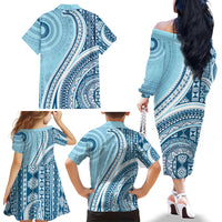 Bula Fiji Vintage Tapa Family Matching Off The Shoulder Long Sleeve Dress and Hawaiian Shirt Kaivity Masi Wave Motifs - Turquoise