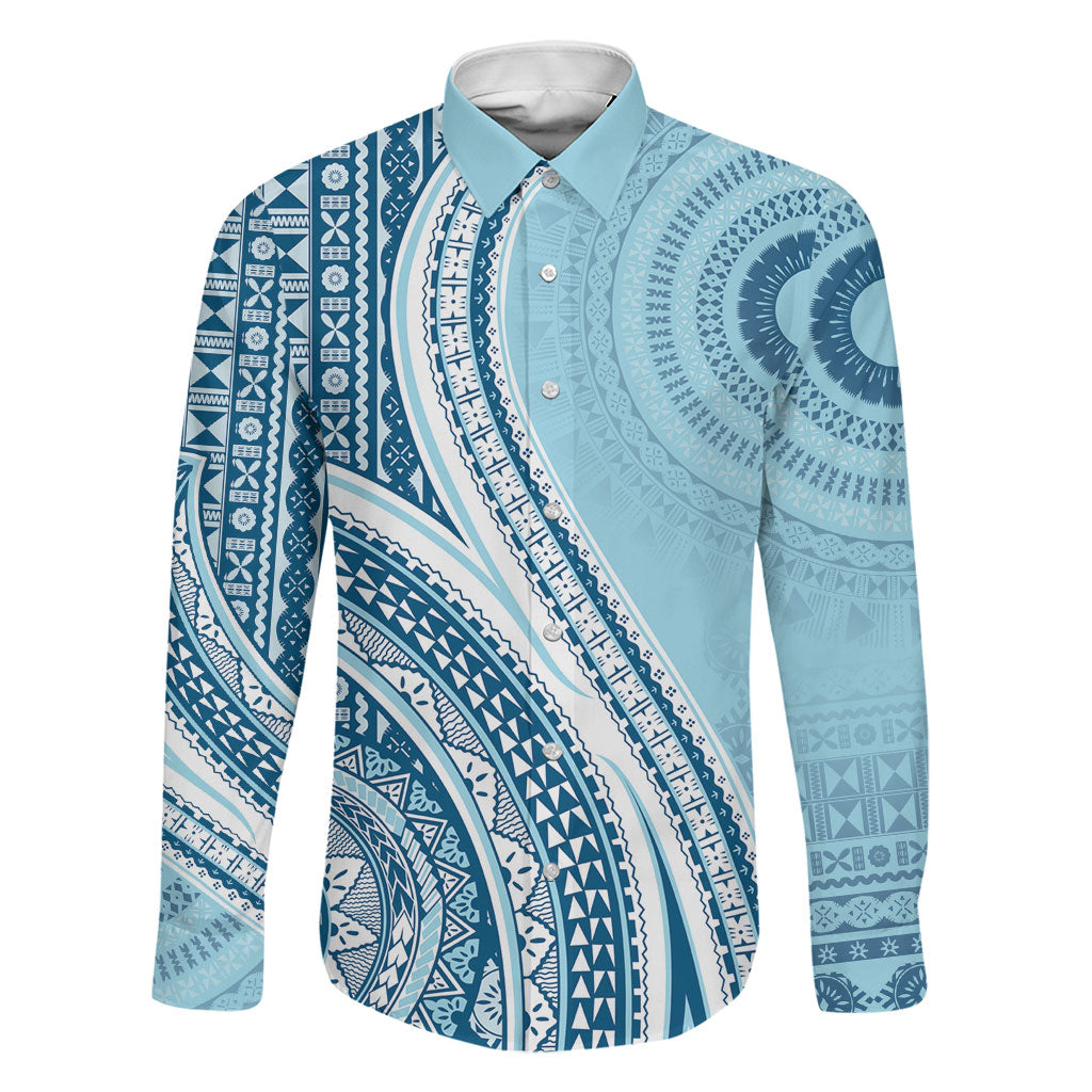 Bula Fiji Vintage Tapa Family Matching Off Shoulder Maxi Dress and Hawaiian Shirt Kaivity Masi Wave Motifs - Turquoise