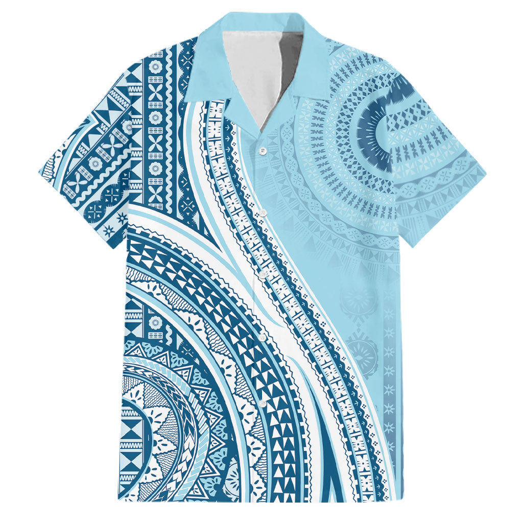 Bula Fiji Vintage Tapa Family Matching Off Shoulder Short Dress and Hawaiian Shirt Kaivity Masi Wave Motifs - Turquoise
