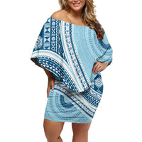 Bula Fiji Vintage Tapa Family Matching Off Shoulder Short Dress and Hawaiian Shirt Kaivity Masi Wave Motifs - Turquoise