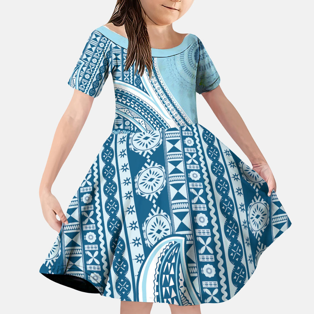 Bula Fiji Vintage Tapa Family Matching Puletasi and Hawaiian Shirt Kaivity Masi Wave Motifs - Turquoise