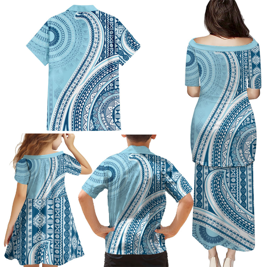 Bula Fiji Vintage Tapa Family Matching Puletasi and Hawaiian Shirt Kaivity Masi Wave Motifs - Turquoise