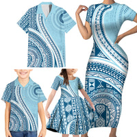 Bula Fiji Vintage Tapa Family Matching Short Sleeve Bodycon Dress and Hawaiian Shirt Kaivity Masi Wave Motifs - Turquoise